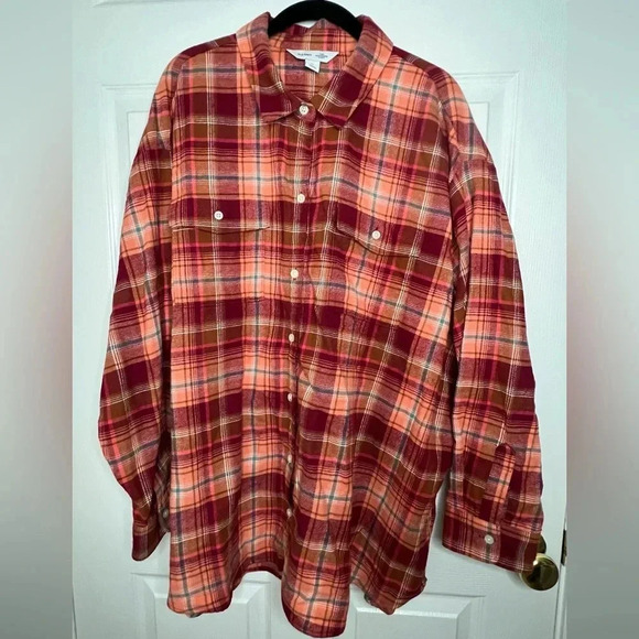 EUC Old Navy Flannel Boyfriend Tunic Shirt, Size 2X (20/22), Orange/red plaid - Picture 3 of 6